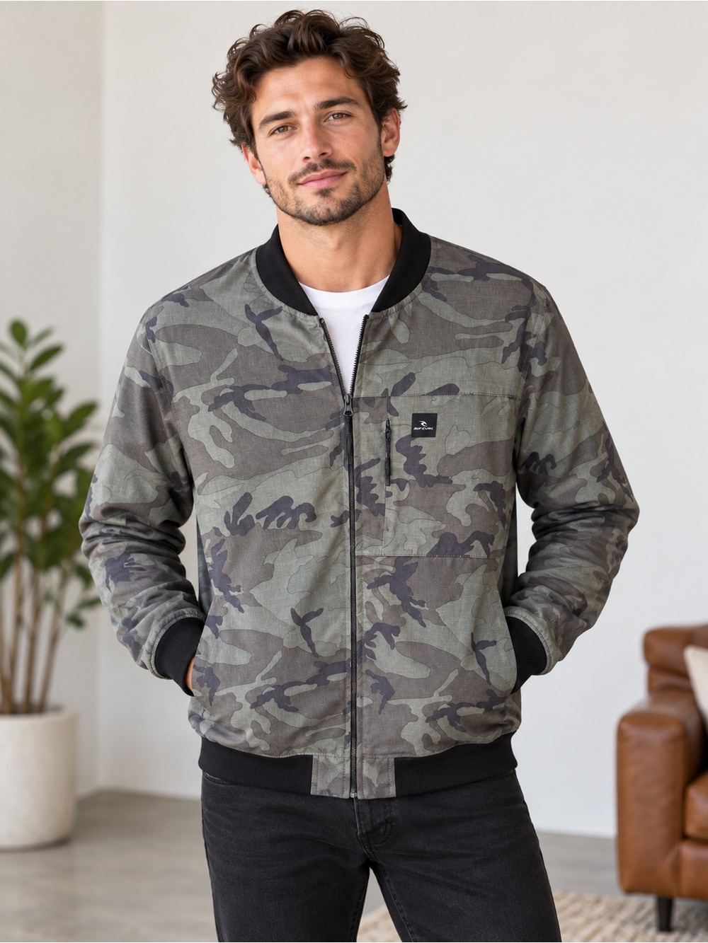 Rip Curl Camo Bomber Jacket - Green Camo Size S Military Streetwear Outdoor